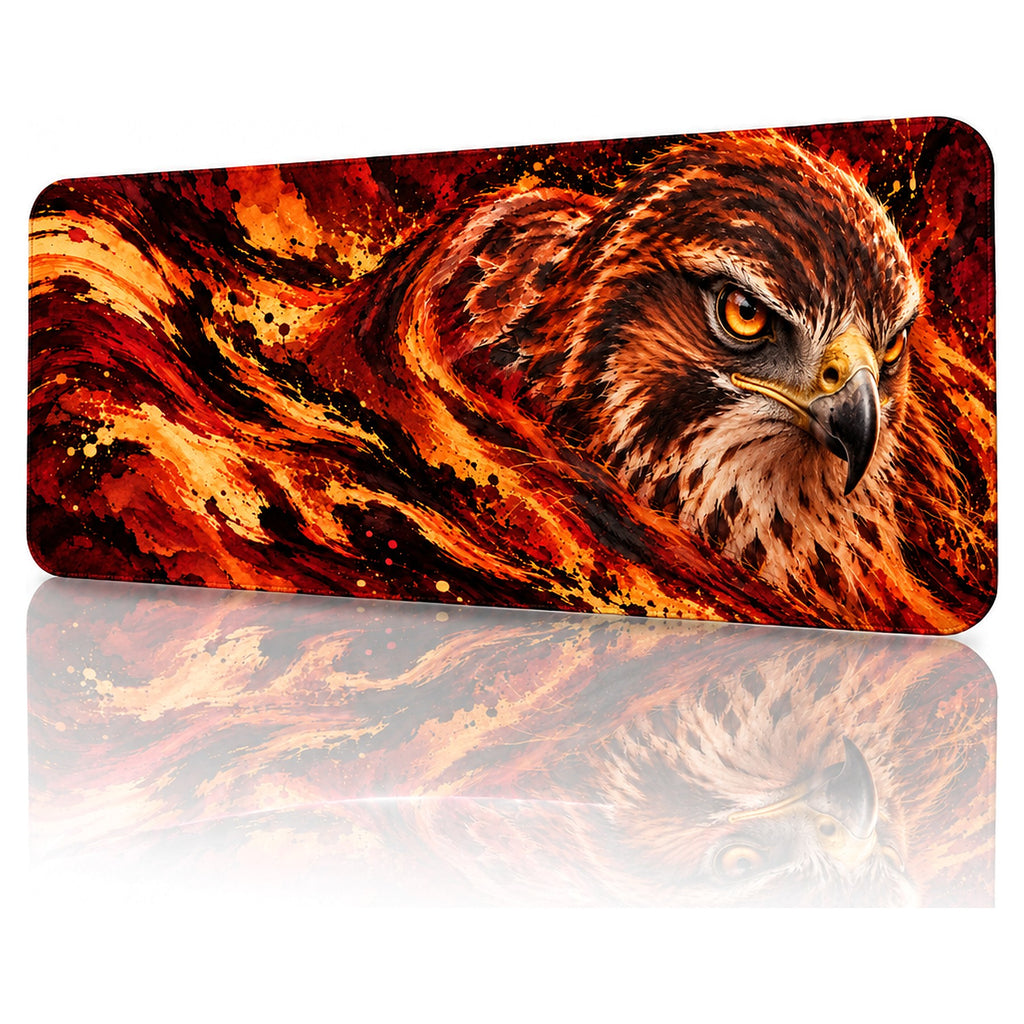 Ateş Şahini desenli 90x40 gaming mouse pad, kızıl-turuncu tonlarda şahin, açılı görünüm ve dikişli kenar detayı