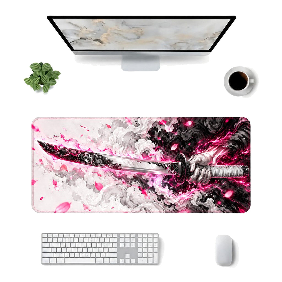 Sakura Katana Pembe oyuncu mouse pad – masa üstü kullanım görünümü