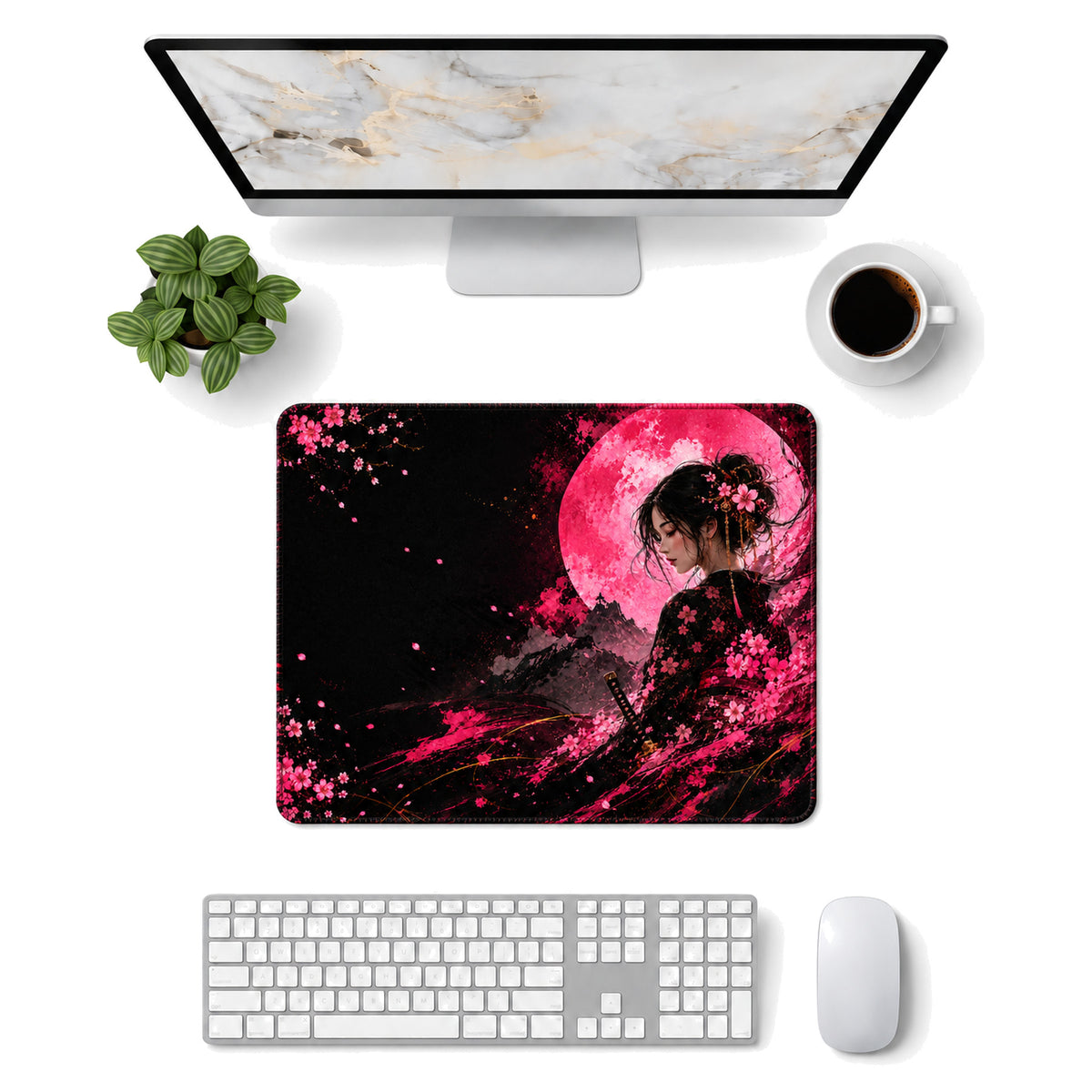 Sakura Moon 50x40 cm oyuncu mouse pad – masa üstü kullanım görünümü