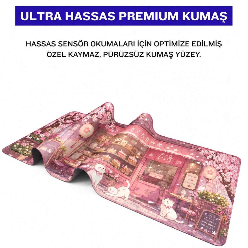 Sakurumi pembe kedili mouse pad kumaş yüzey ve dikişli kenar
