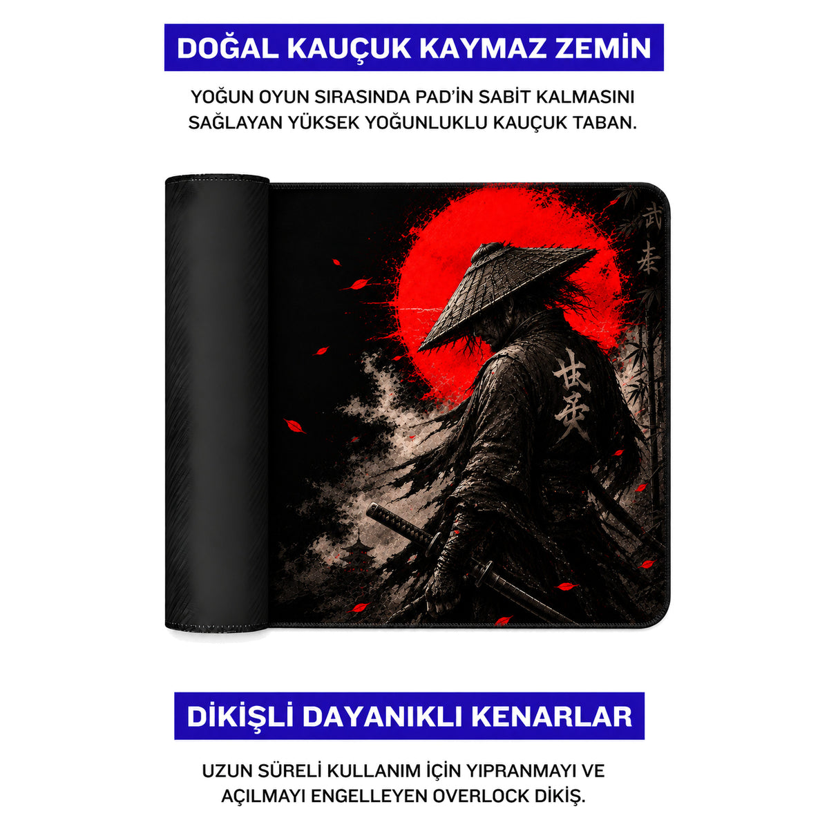 Samurai 50x40 cm oyuncu mouse pad – doğal kauçuk kaymaz taban
