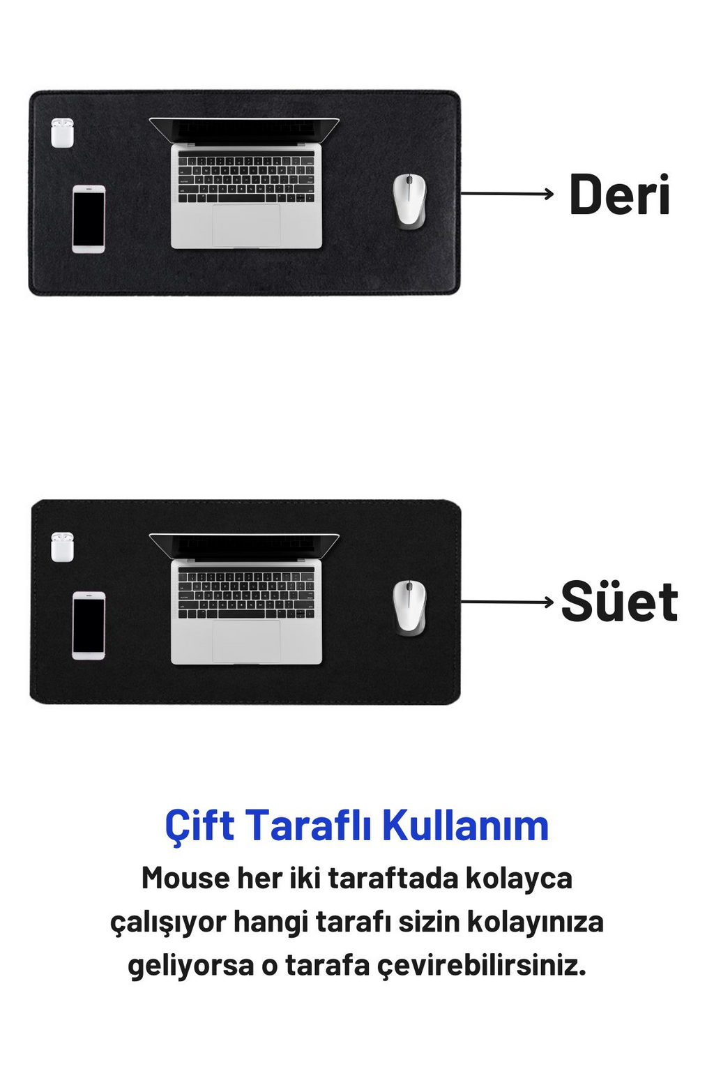 Siyah deri mouse pad 70x30 cm süet yüz detayı