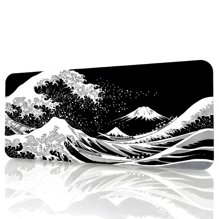 Siyah Japon Dalgası 90x40 cm Oyuncu Mouse Pad — XXL Gaming Mousepad, Kaymaz Kauçuk Taban, Dikişli Kenar