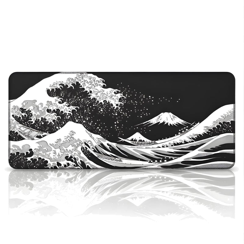 Siyah Japon Dalgası 70x30 cm Oyuncu Mouse Pad — XL Gaming Mousepad, Kaymaz Kauçuk Taban, Dikişli Kenar