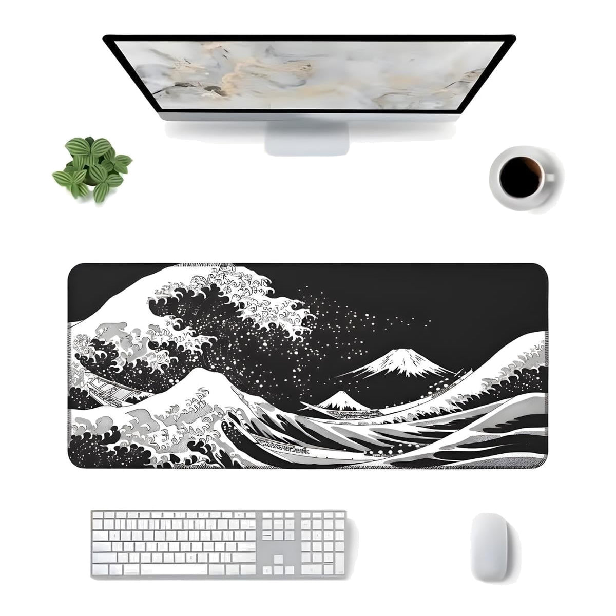 Siyah Japon Dalgası oyuncu mouse pad – masa üstü kullanım görünümü
