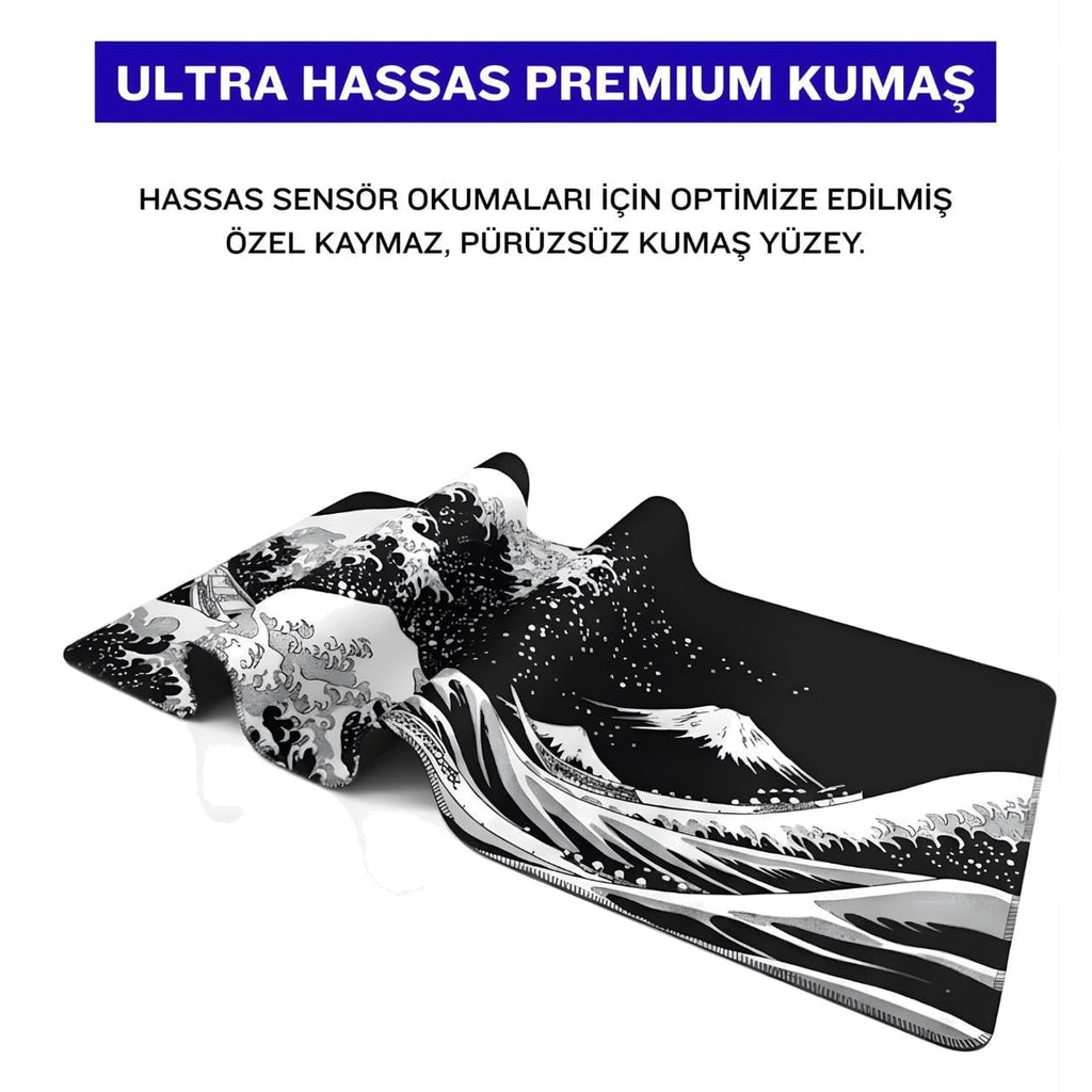 Siyah Japon Dalgası oyuncu mouse pad – premium kumaş yüzey