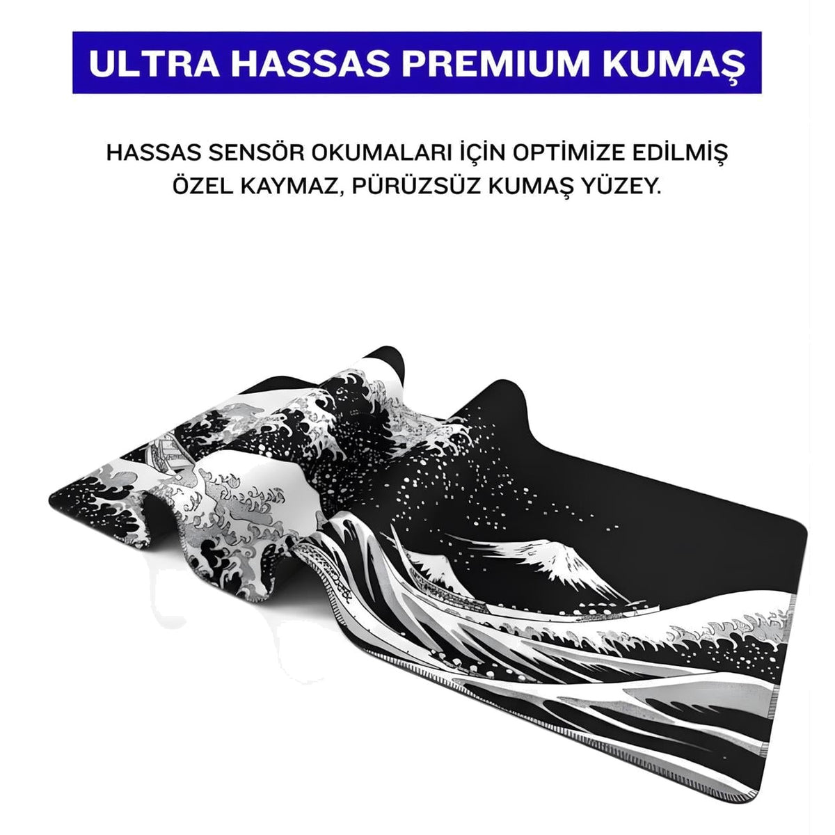 Siyah Japon Dalgası oyuncu mouse pad – premium kumaş yüzey