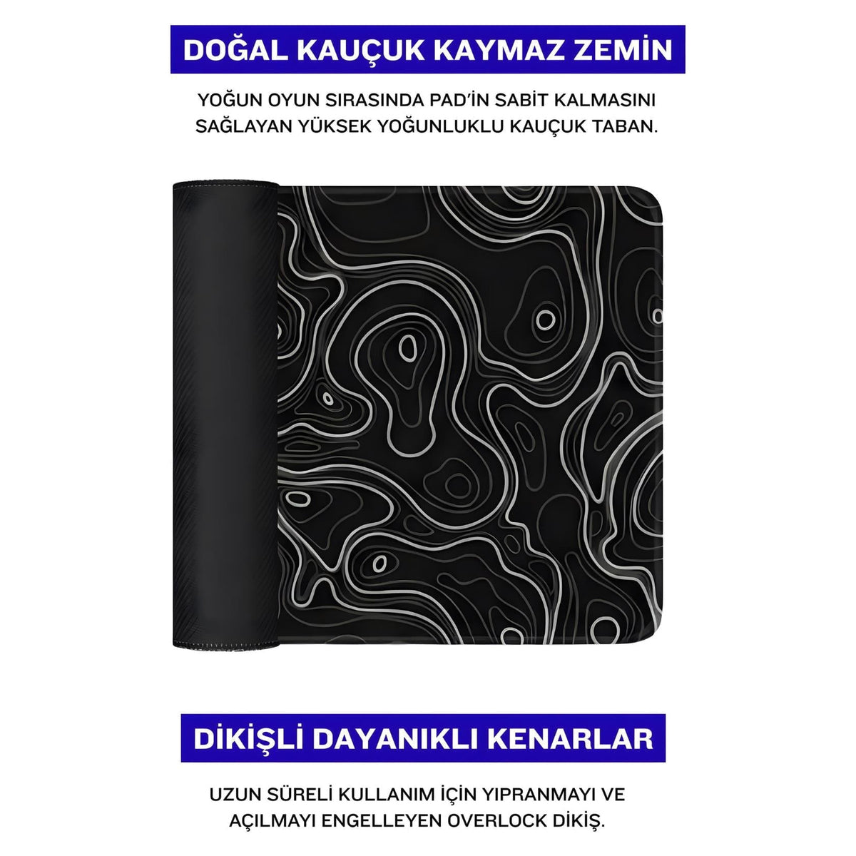 Siyah Typography oyuncu mouse pad – doğal kauçuk kaymaz taban