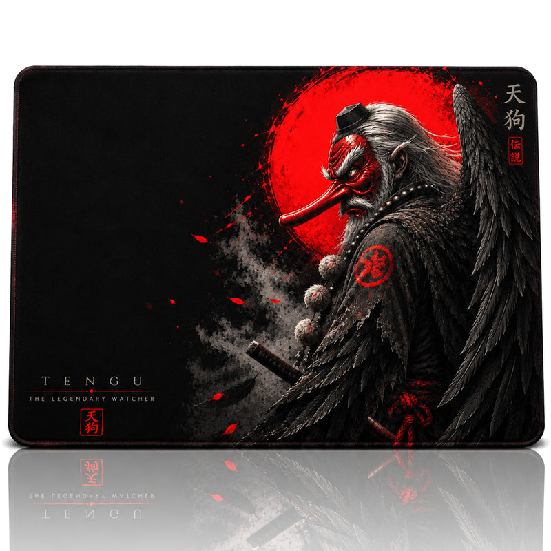 Tengu 50x40 cm Oyuncu Mouse Pad — Tengu Maskeli Kanatlı Savaşçı Desenli, Kauçuk Taban, Dikişli Kenar