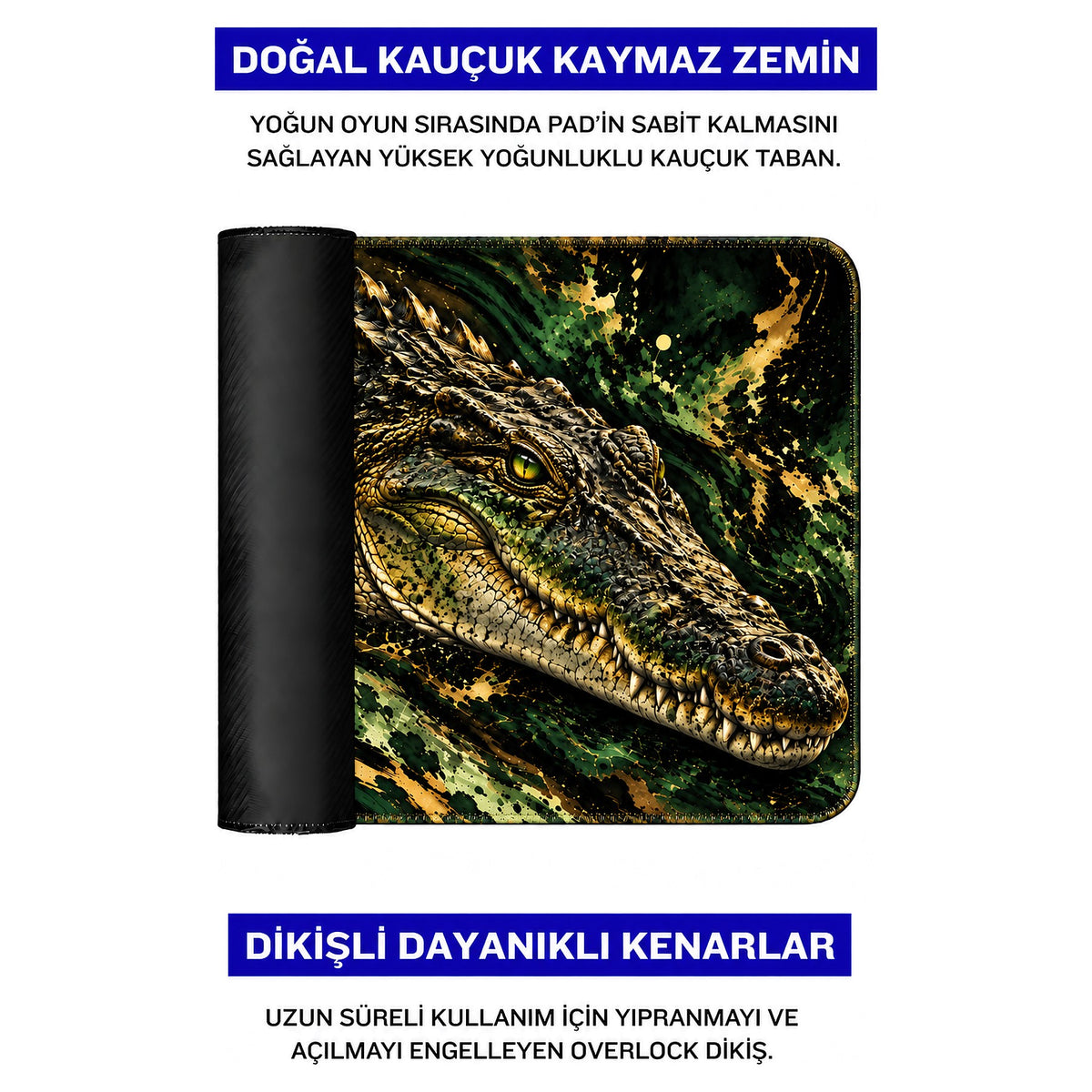 Bataklık Timsahı desenli mouse pad doğal kauçuk kaymaz taban ve dikişli kenar detayı