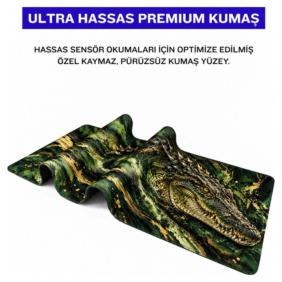 Bataklık Timsahı desenli mouse pad kumaş yüzeyi, esnek yapı ve süblimasyon baskı detayı