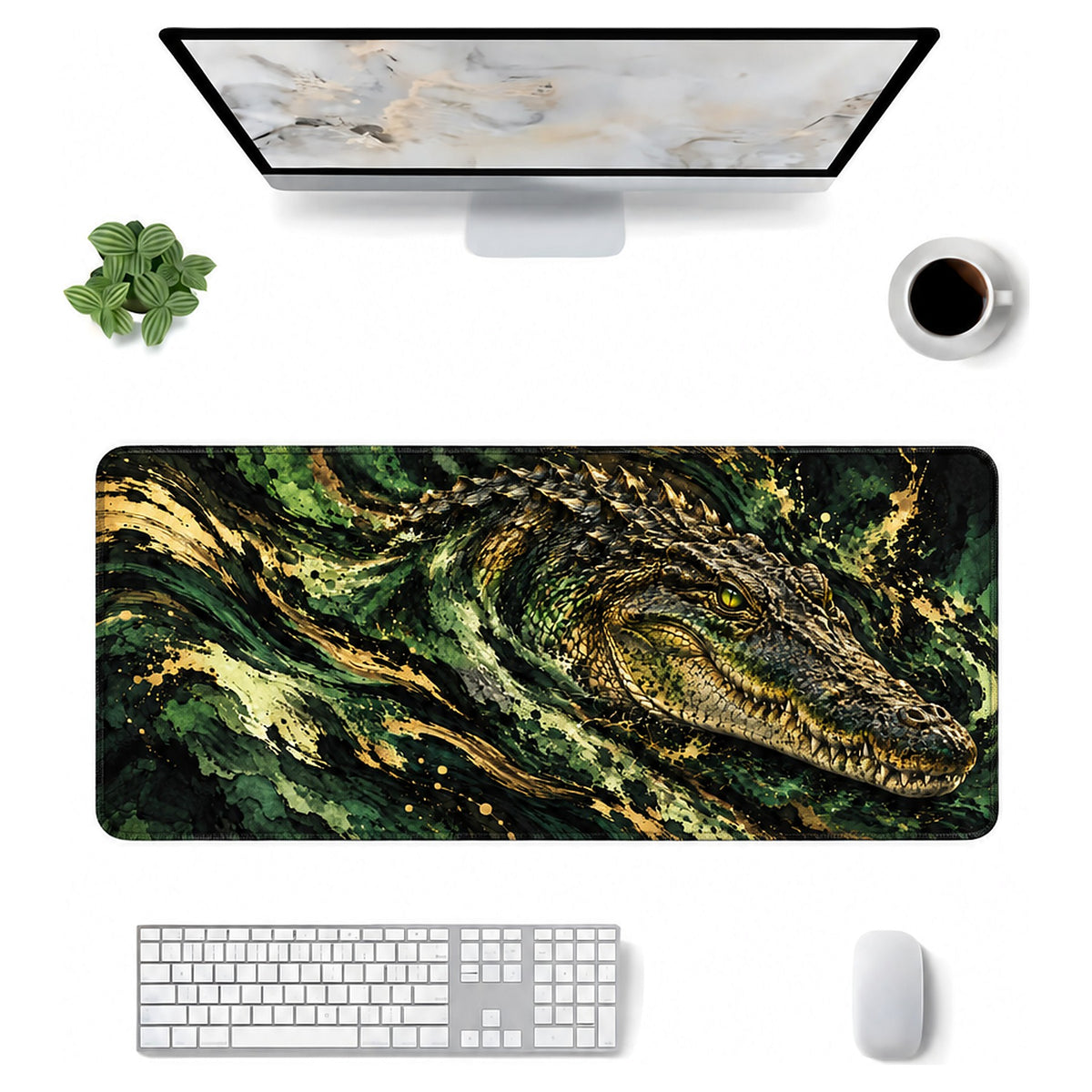 Bataklık Timsahı desenli 90x40 mouse pad, klavye, mouse ve monitörle üstten masa düzeni