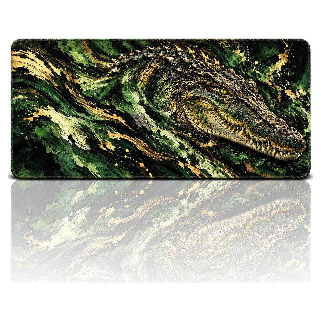 Bataklık Timsahı desenli 90x40 oyuncu mouse pad, koyu yeşil-altın pullu timsah, önden görünüm