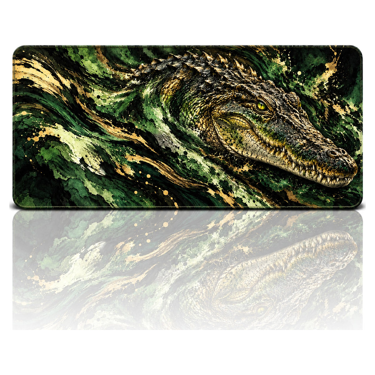 Bataklık Timsahı desenli 90x40 oyuncu mouse pad, koyu yeşil-altın pullu timsah, önden görünüm