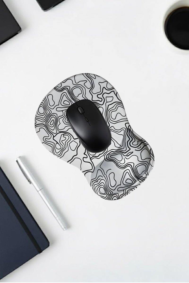 TopoWave Dijital Baskılı Bilek Destekli Mouse Pad — Topografik Desenli Ergonomik Mousepad