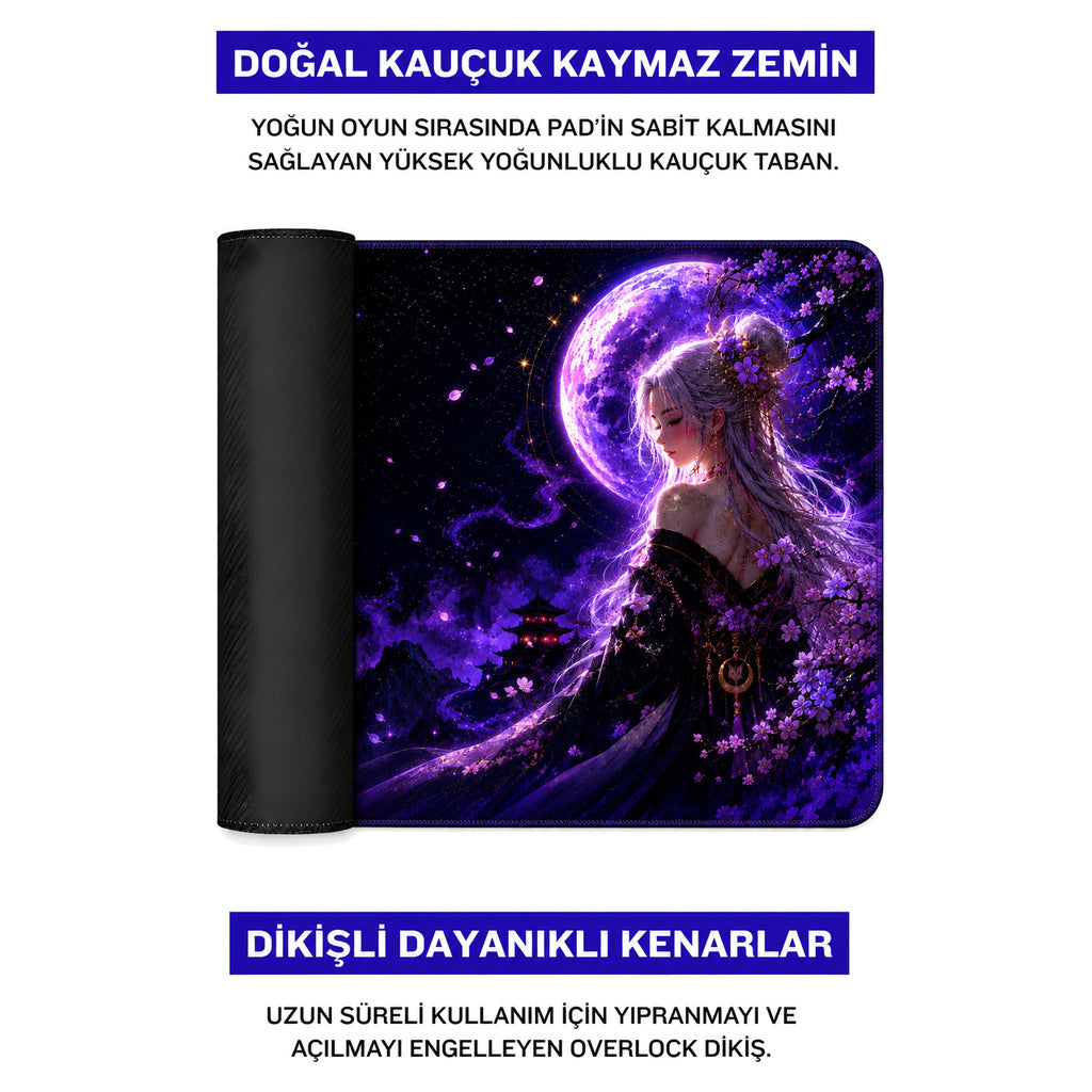 Violet Moon 50x40 cm oyuncu mouse pad – doğal kauçuk kaymaz taban