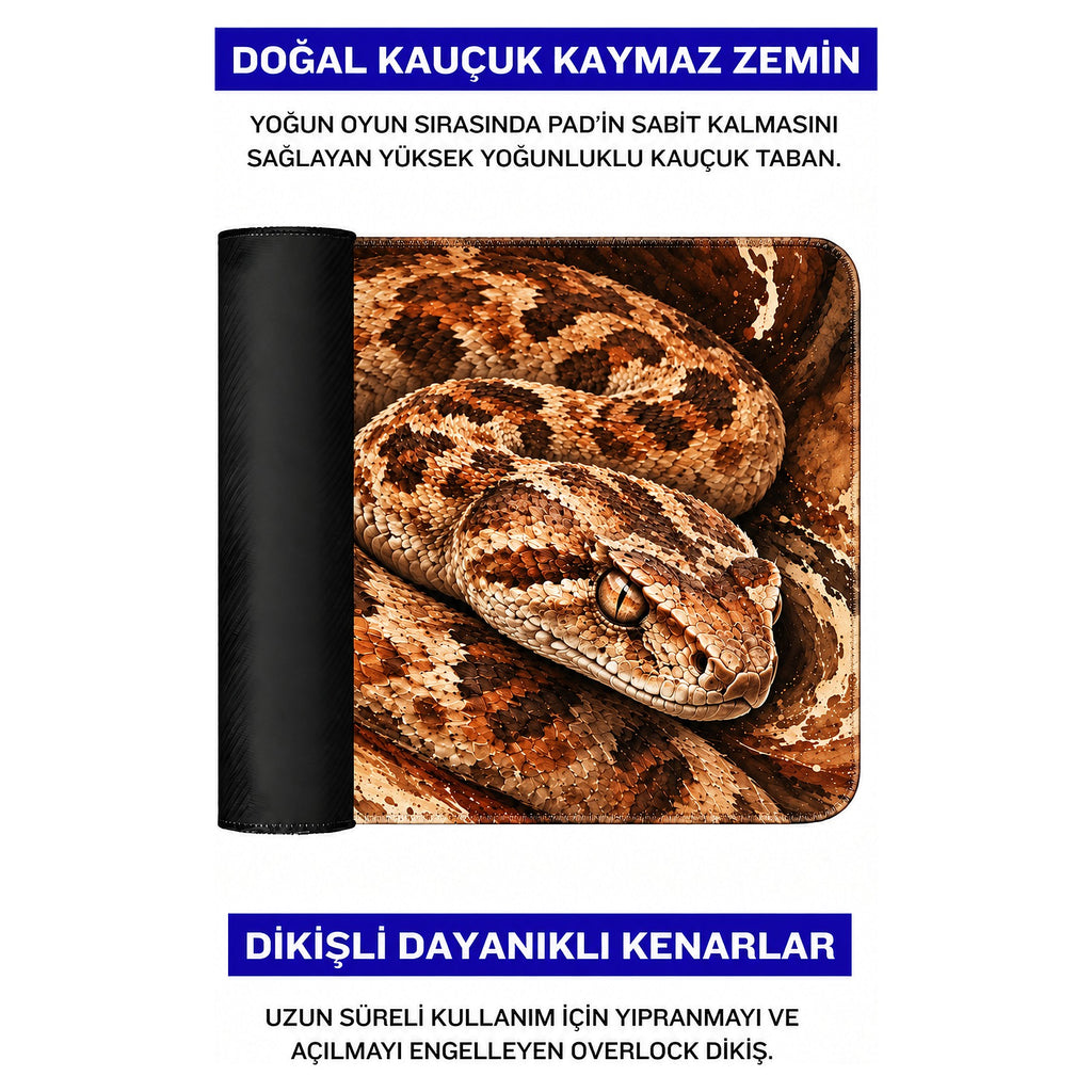Çöl Engereği yılan desenli mouse pad doğal kauçuk kaymaz taban ve dikişli kenar detayı