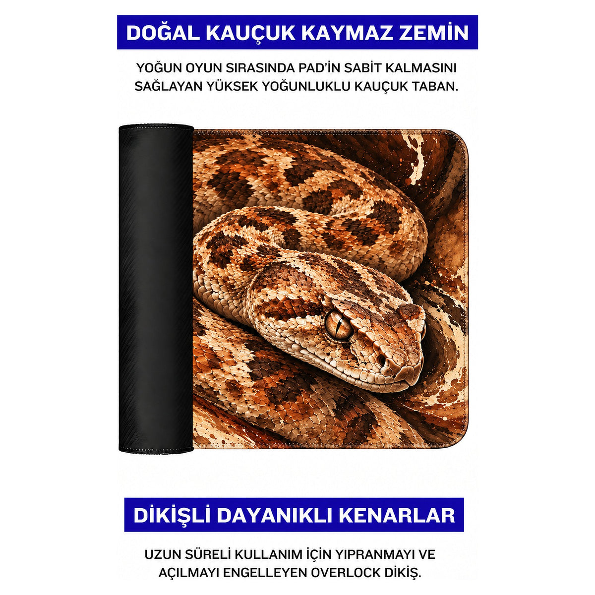 Çöl Engereği yılan desenli mouse pad doğal kauçuk kaymaz taban ve dikişli kenar detayı