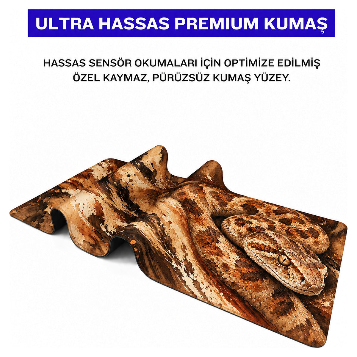 Çöl Engereği yılan desenli mouse pad kumaş yüzeyi, esnek yapı ve süblimasyon baskı detayı