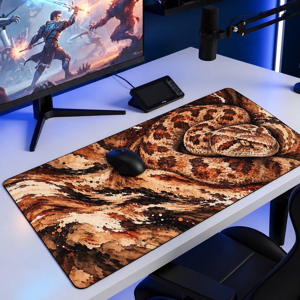 Çöl Engereği yılan desenli 90x40 oyuncu mouse pad, oyun masasında monitör ve mouse ile kullanım